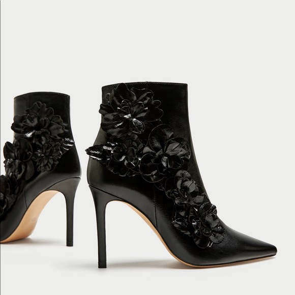 Zara Leather High Heel Ankle Boots with Flowers - Picture 8 of 8